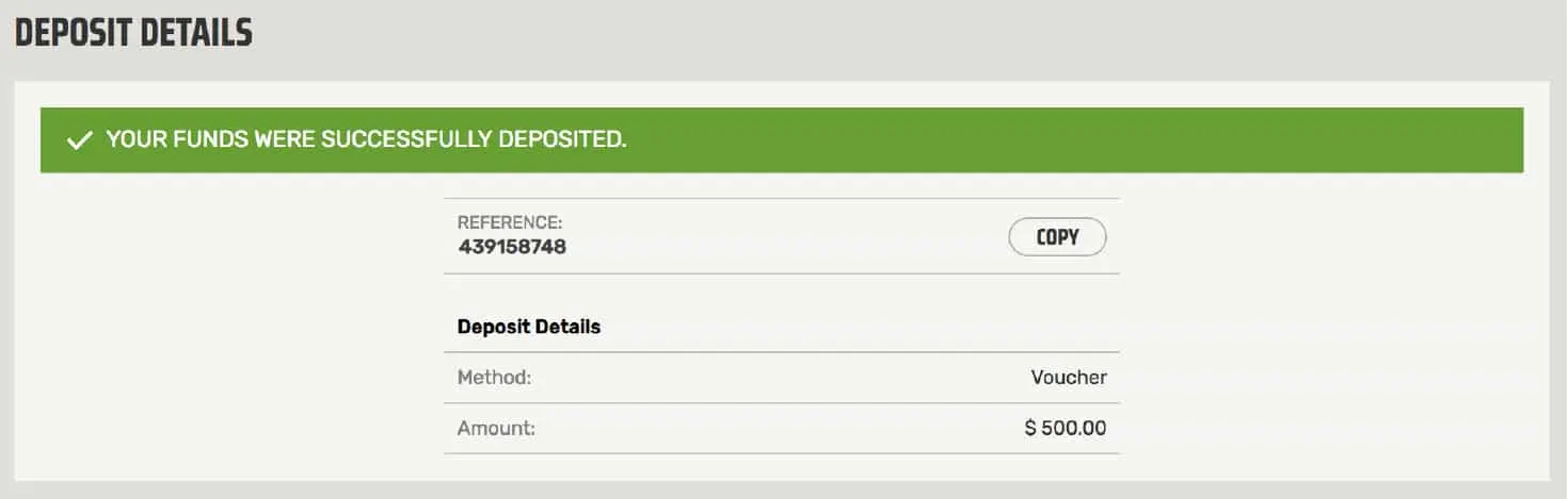 Confirmation screen that the Voucher has been deposited successfully